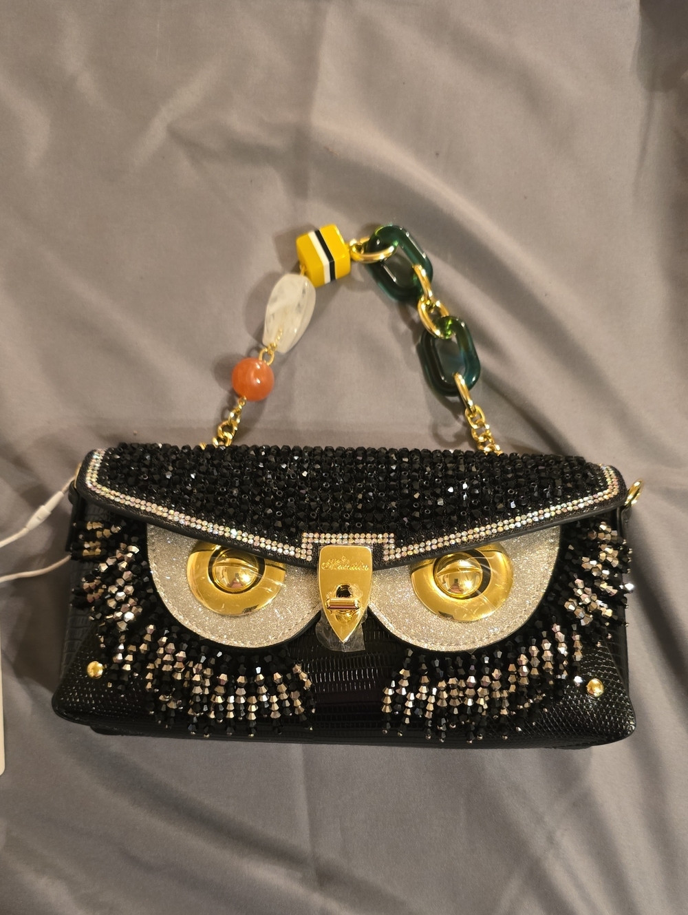 Embellished Black Owl-Accent Evening Bag